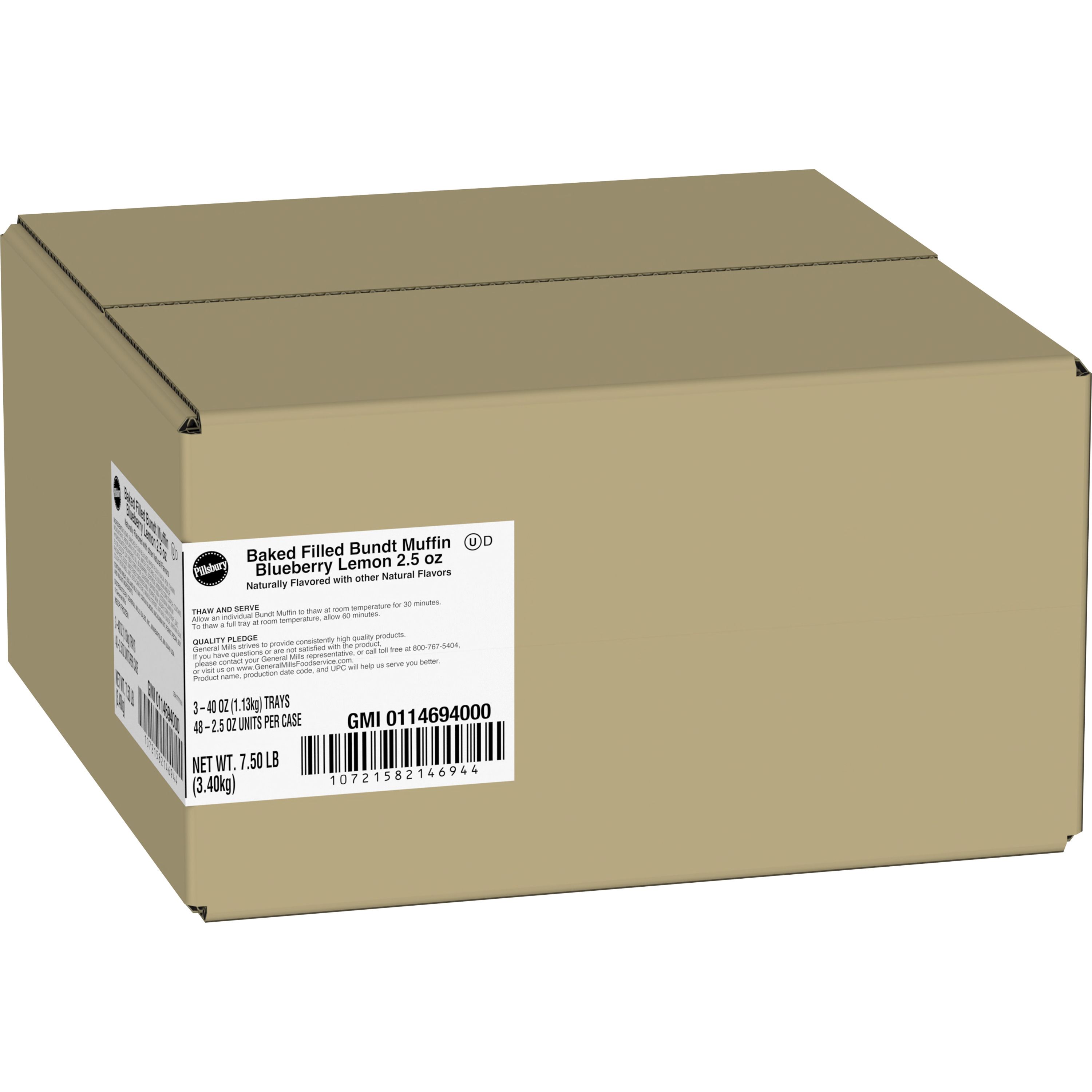 Case - Left Front 3D Pillsbury Frozen Baked Filled Bundt Muffin Bulk Blueberry Lemon 48/2.5 oz