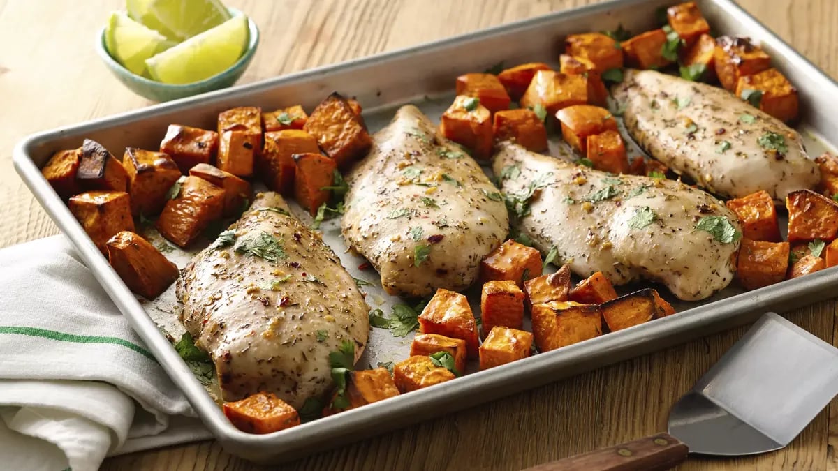 Jerk Chicken with Sweet Potatoes Sheet-Pan Dinner