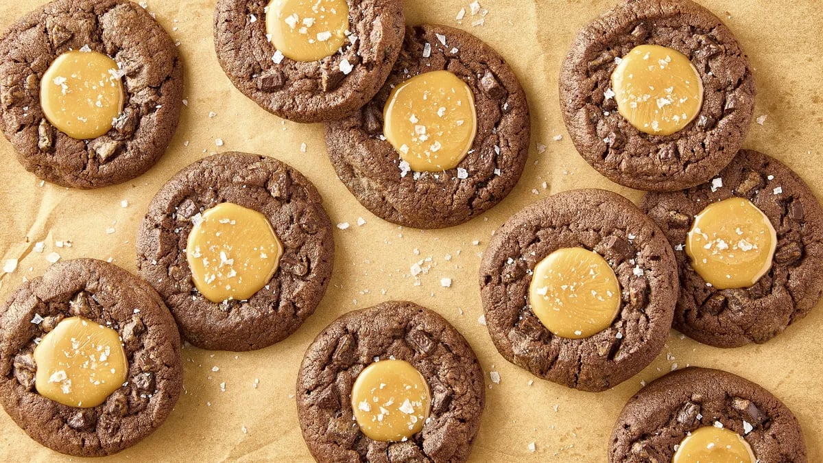 Salted Caramel-Chocolate Thumbprint Cookies