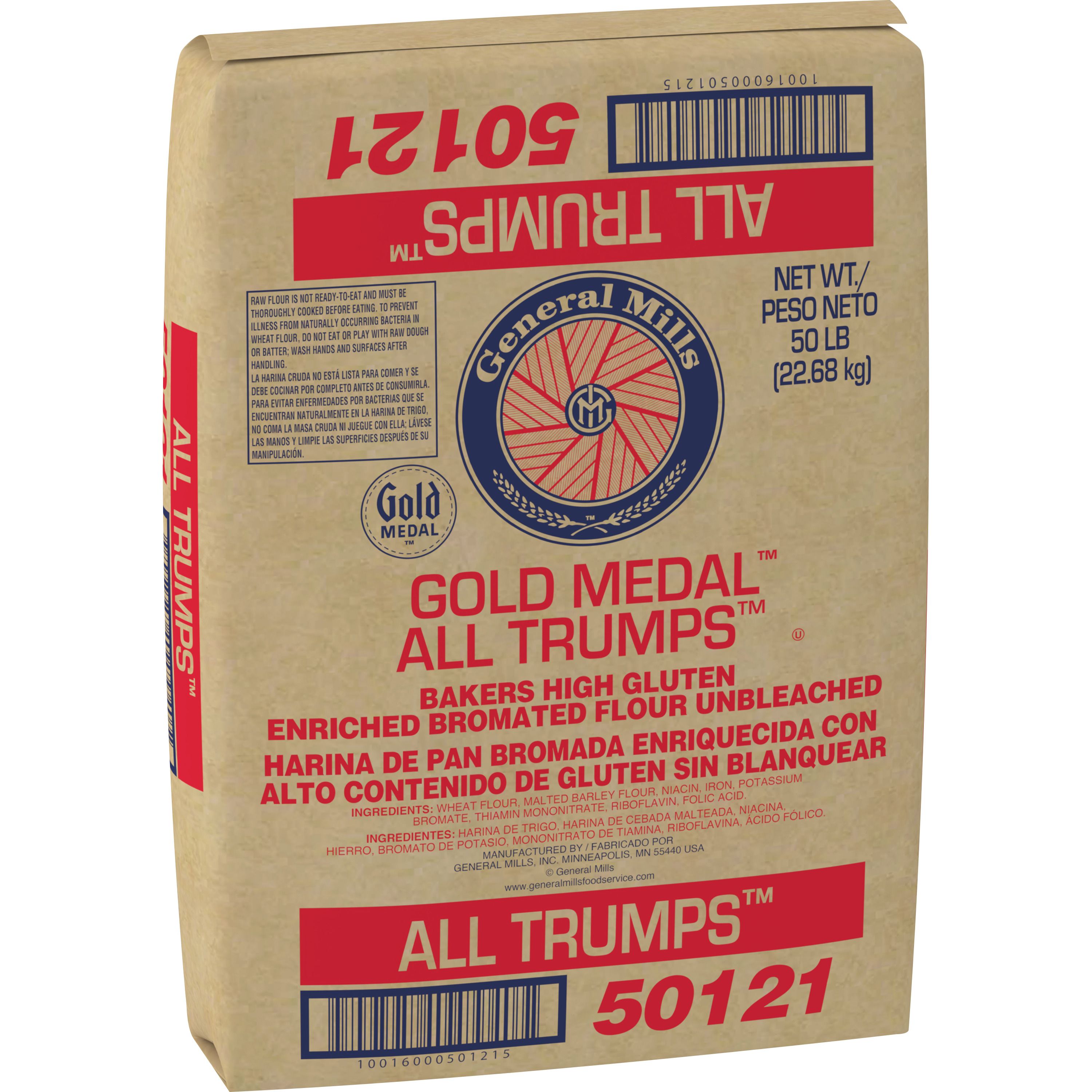 Case - Left Front 3D Gold Medal All Trumps Bakers High Gluten Flour Bulk Sack Bromated Enriched Unbleached 50 LB