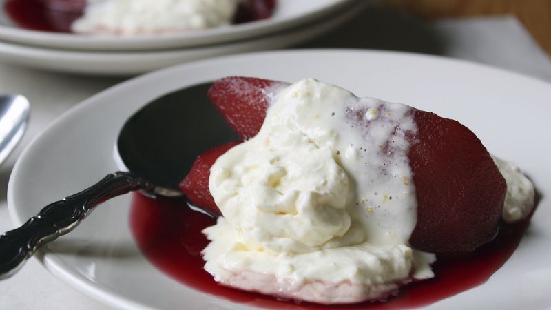 Pomegranate-Poached Pears with Orange-Ginger Mascarpone Whipped Cream