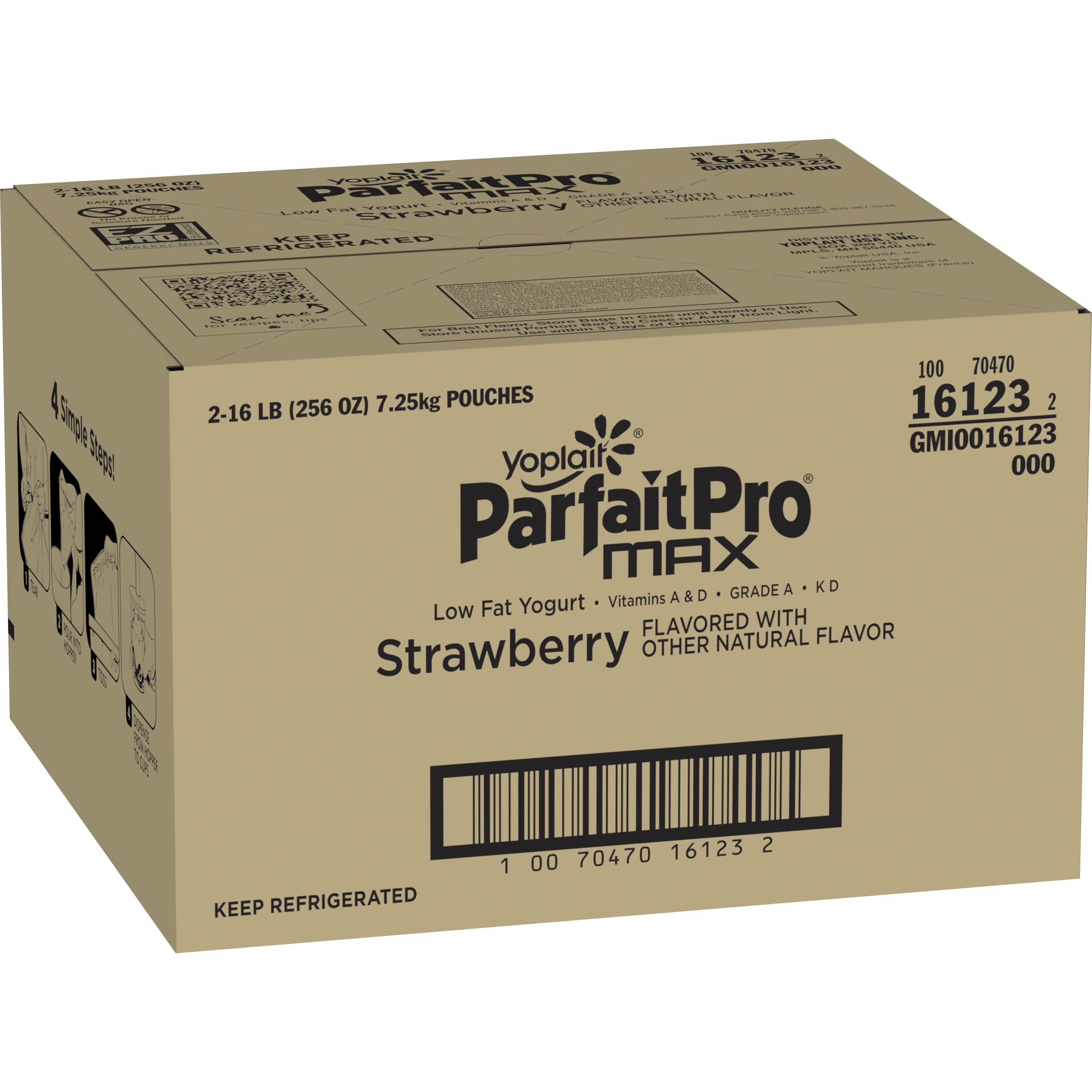 Case - Left Front 3D Yoplait ParfaitPro(R) Max Gluten Free Yogurt Bulk Low Fat Strawberry 16 lb