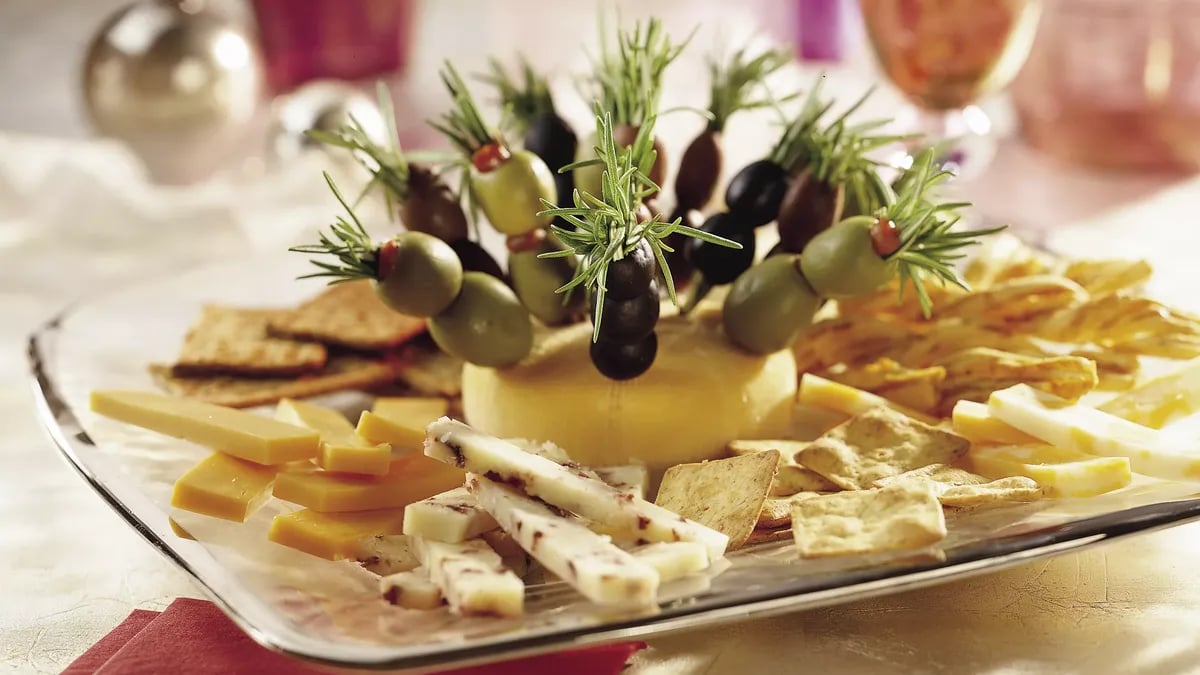 Cheese Tray with Olive Rosemary Skewers