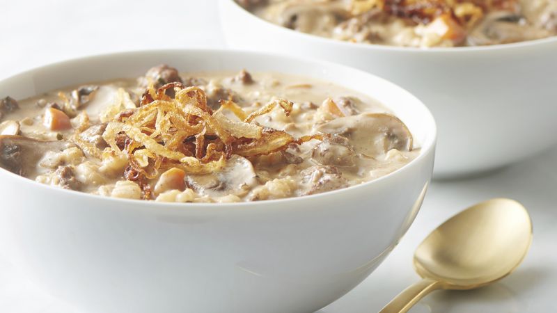 Creamy Beef, Barley and Mushroom Soup with Frizzled Onions