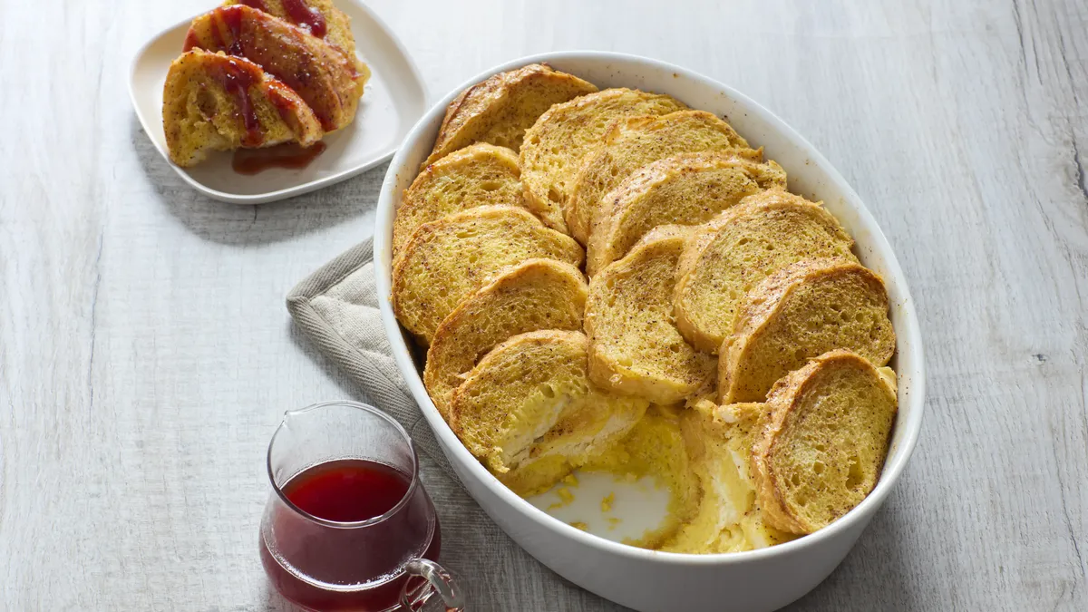 Eggnog French Toast Strata with Cranberry Syrup