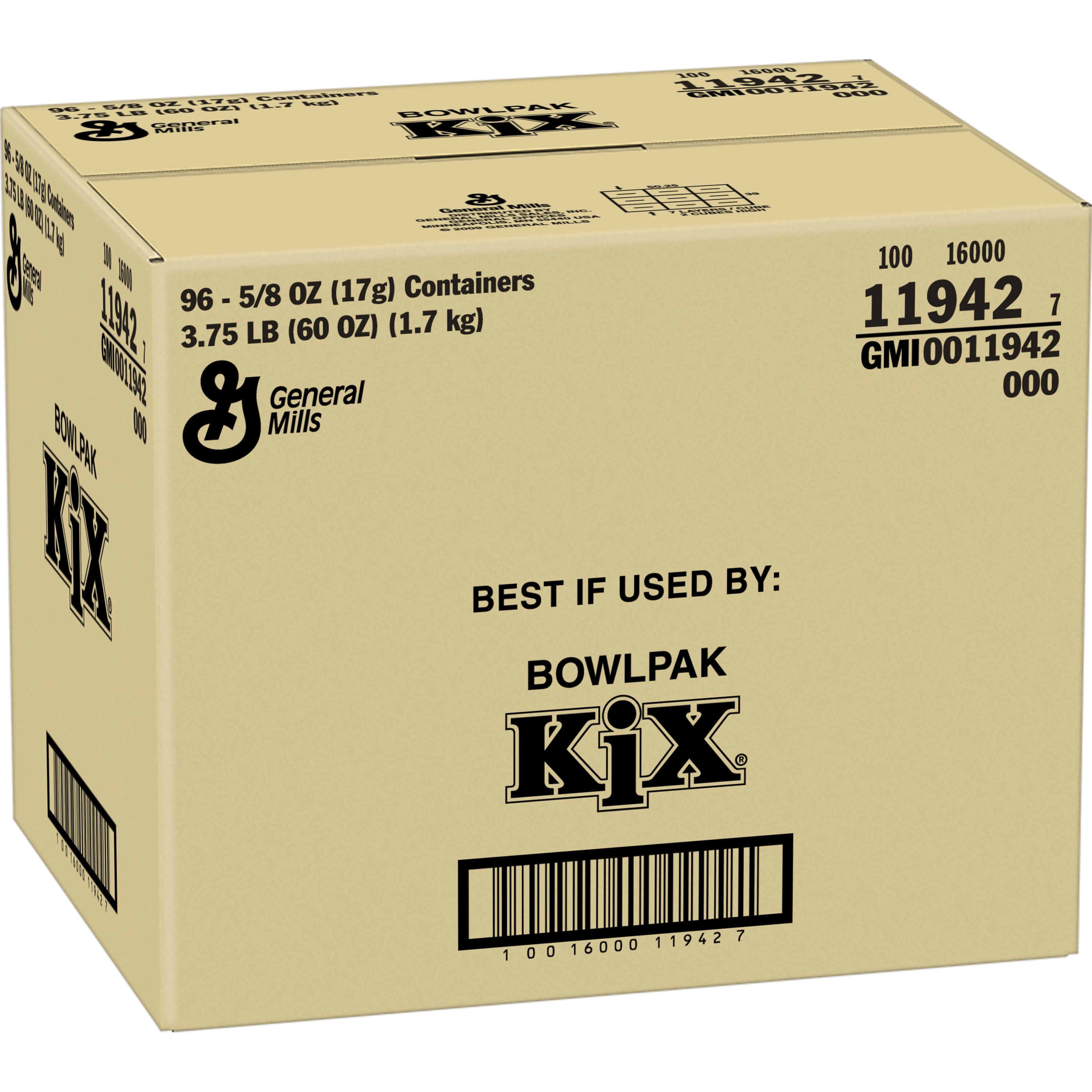 Case - Left Front 3D Kix Gluten Free Cereal Single Serve Bowlpak 96/0.63 OZ