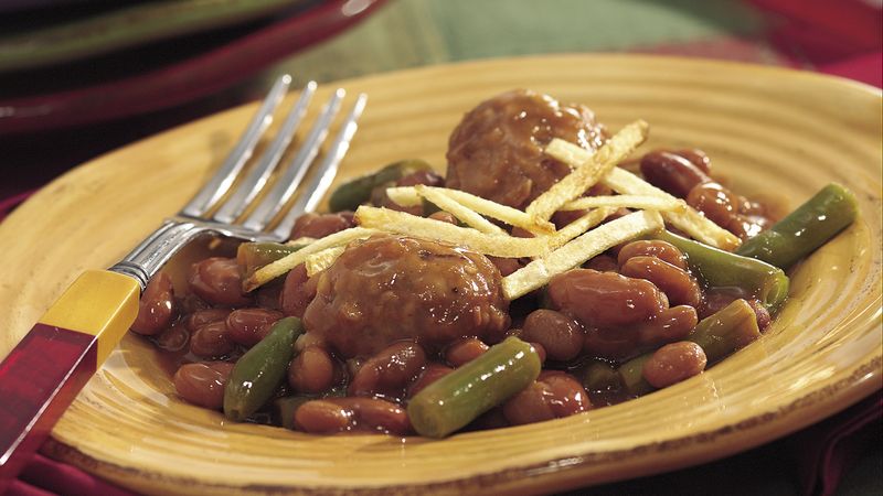 Crispy-Topped Meatballs and Baked Beans