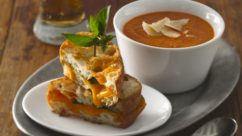 Creamy Tomato Soup with Grilled Cheddar-Basil Sandwiches