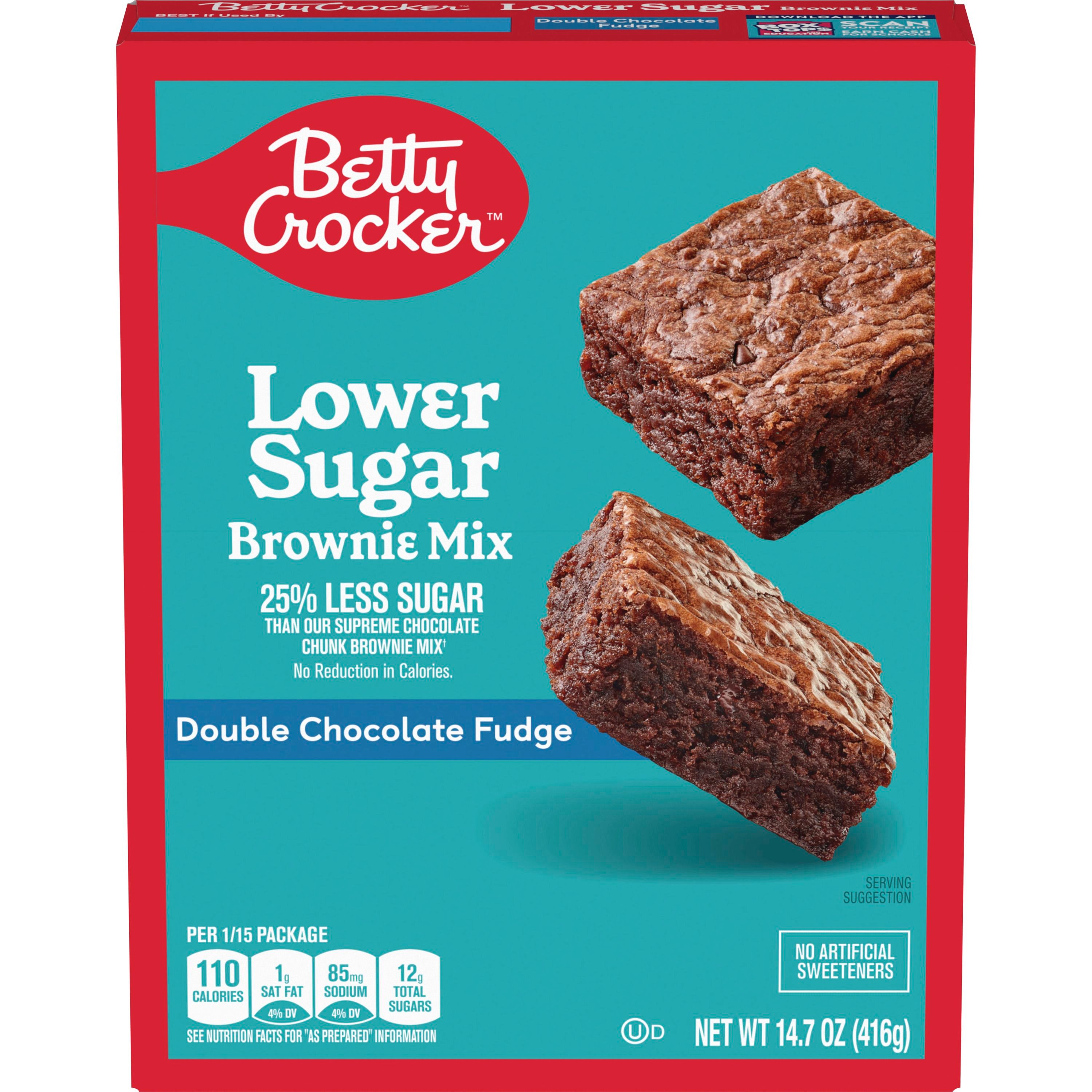 Betty Crocker Lower Sugar Brownie Mix, Double Chocolate Fudge, No Artificial Sweeteners, 14.7 oz - Front