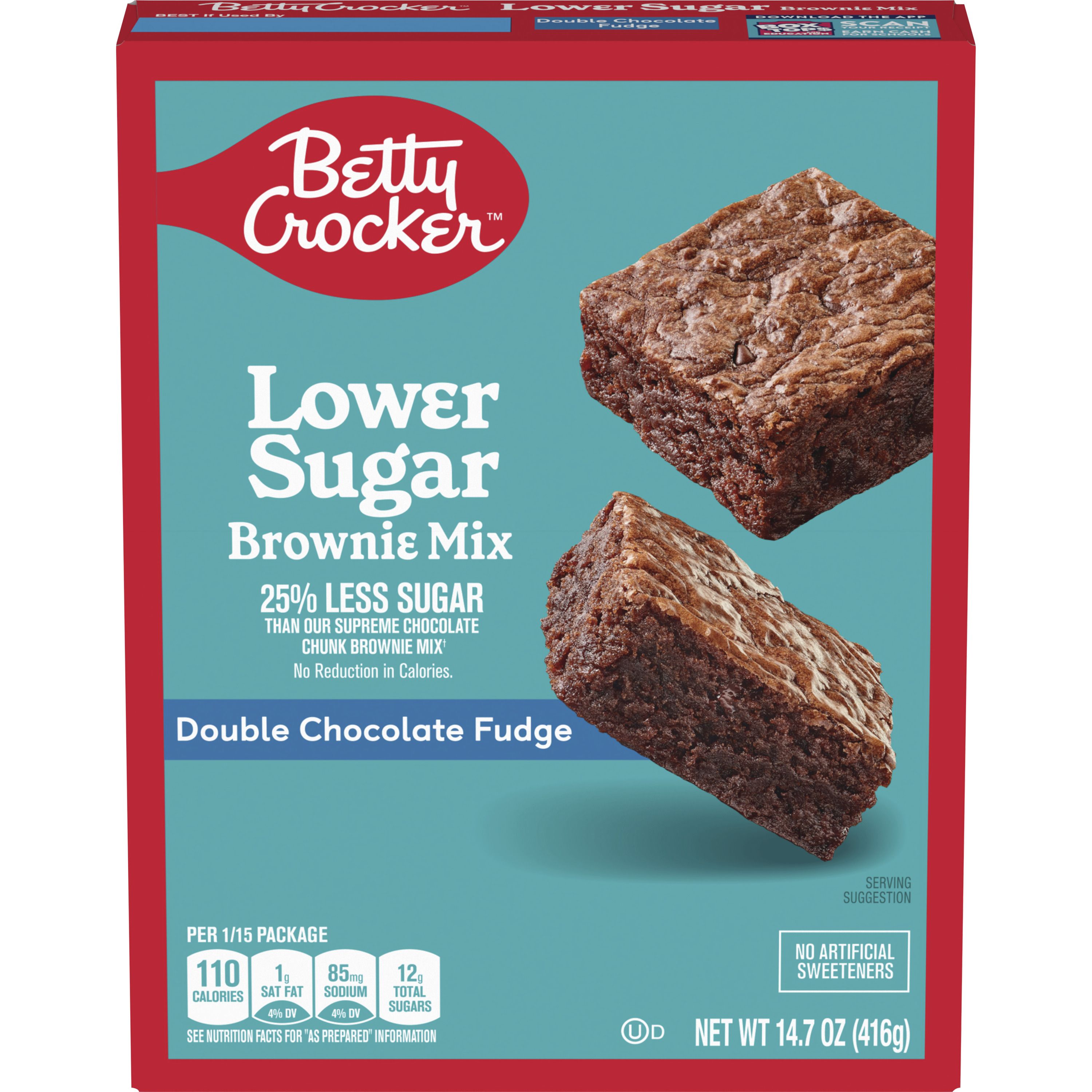 Betty Crocker Lower Sugar Brownie Mix, Double Chocolate Fudge, No Artificial Sweeteners, 14.7 oz - Front
