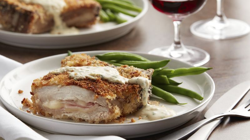 Ham and Cheese-Stuffed Pork Chops with Dijon Sauce (Cooking for 2)