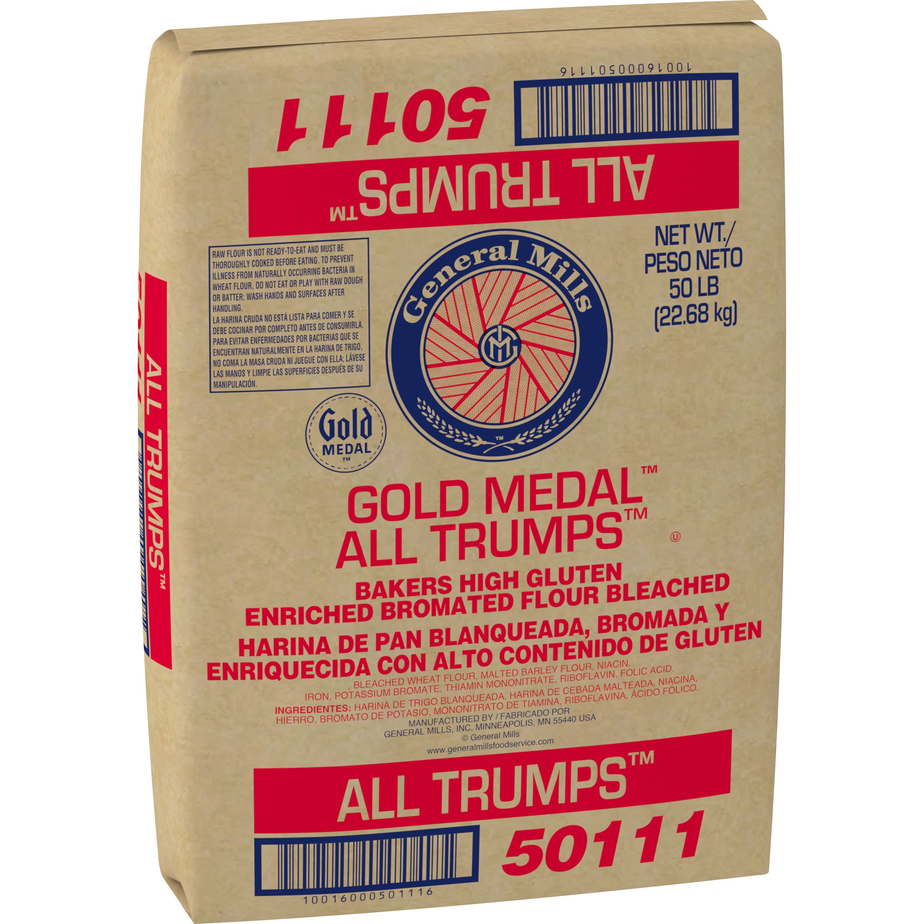 Case - Left Front 3D Gold Medal All Trumps Bakery Flour Bulk Sack Bleached Bromated Malted Enriched 50 lb