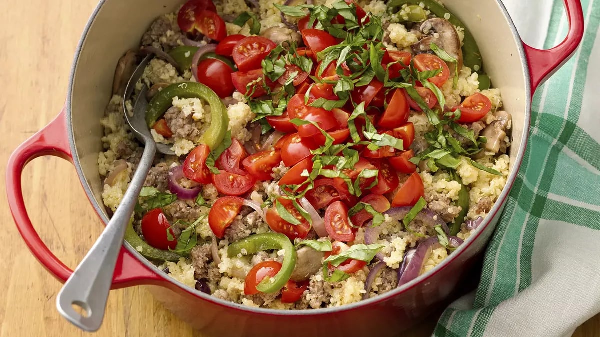 One-Pot Pizza Quinoa with Sausage, Onion and Pepper