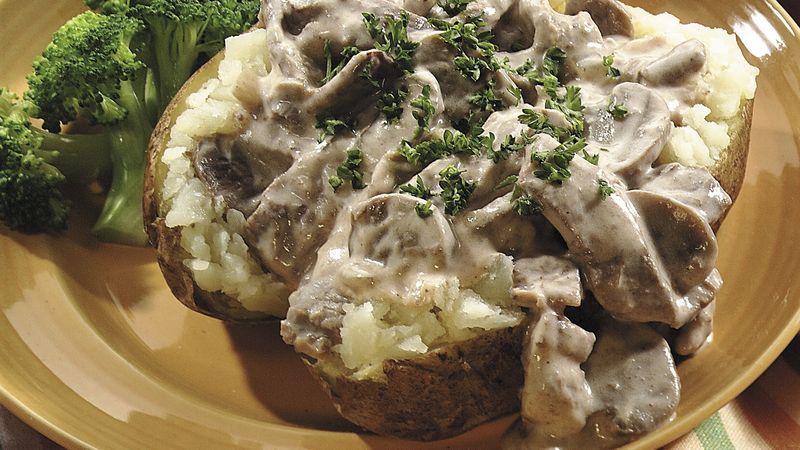 Slow-Cooked Beef Stroganoff Topped Potatoes