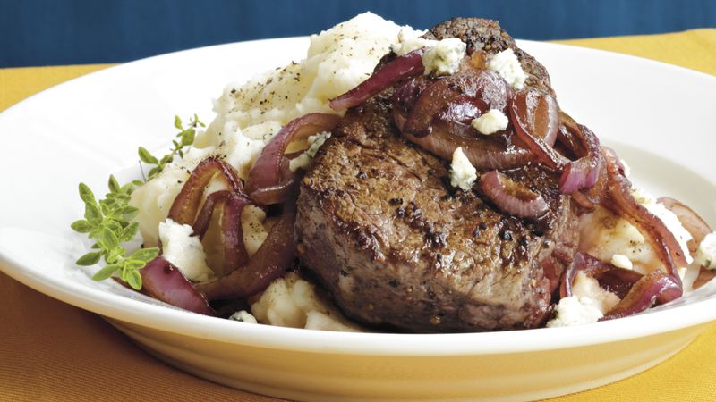 Steaks with Balsamic Onions and Gorgonzola