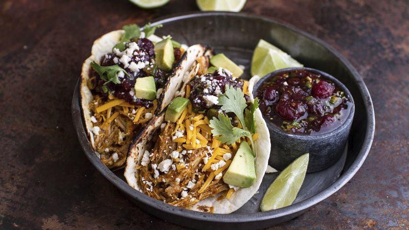 Slow-Cooker Chipotle-Cheddar-Pumpkin Tacos with Cranberry Salsa