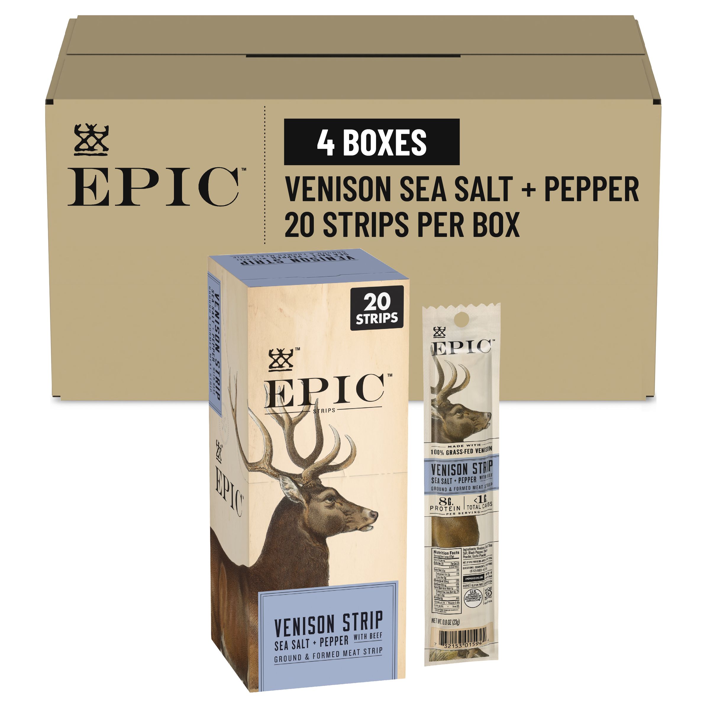  Case Optimized Hero EPIC(TM) Gluten Free Meat Strips Venison Steak Sea Salt Pepper (20 ct) 0.8 oz