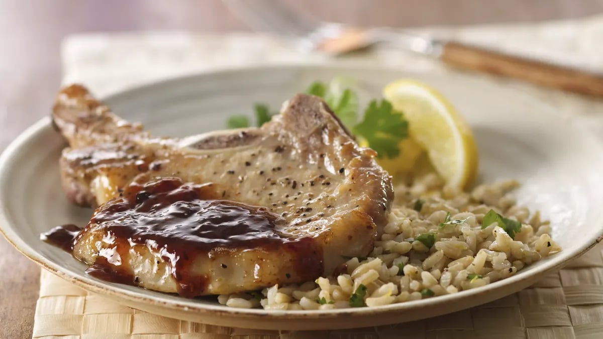 Pork Chops with Raspberry Chipotle Sauce and Herbed Rice