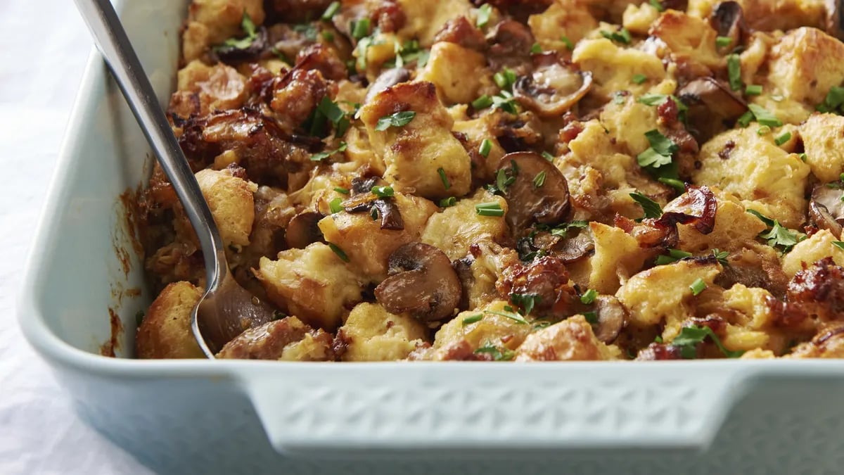 Make-Ahead Sausage and Mushroom Savory Bread Pudding