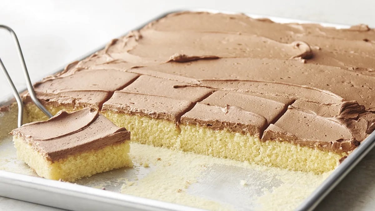 Yellow Sheet Cake with Chocolate Buttercream Frosting