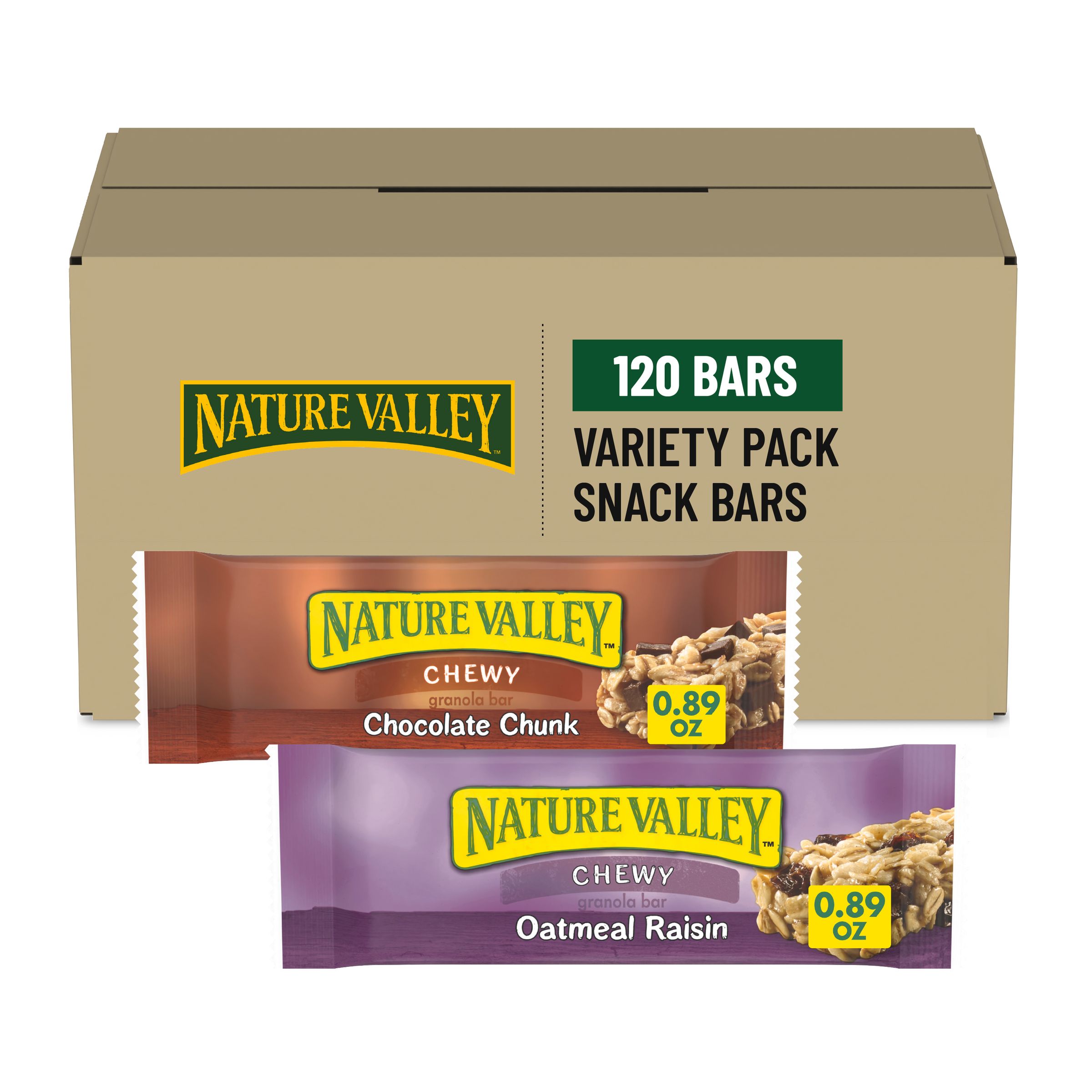 Case Optimized Hero Nature Valley Granola Bars Single Serve Pouch Chewy Variety Pack Chocolate Chunk & Oatmeal Raisin 120/0.89 OZ
