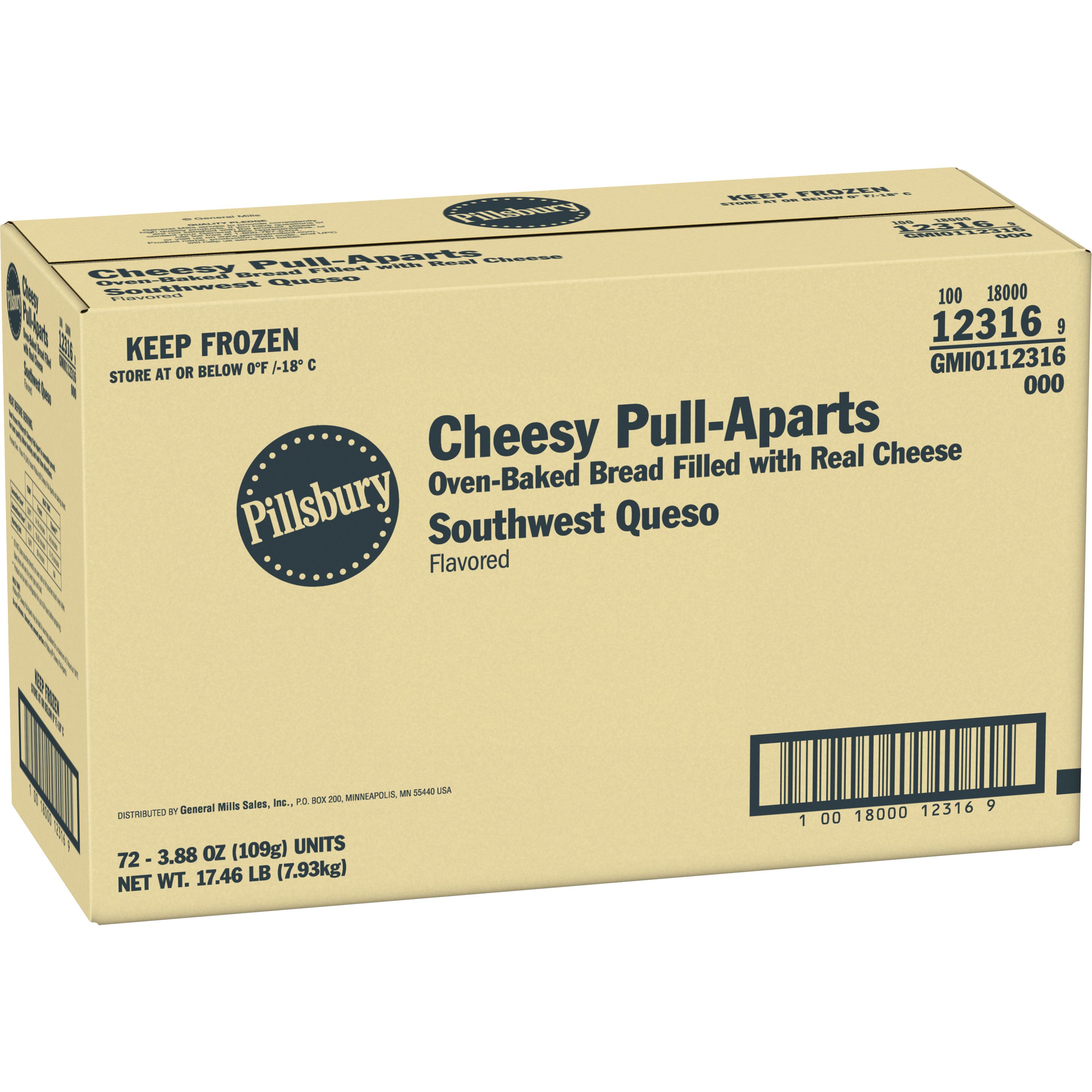 Case - Left Front 3D Pillsbury Frozen Meals Cheesy Pull-Aparts Single Serve Pouch Southwest Queso 72/3.88 OZ