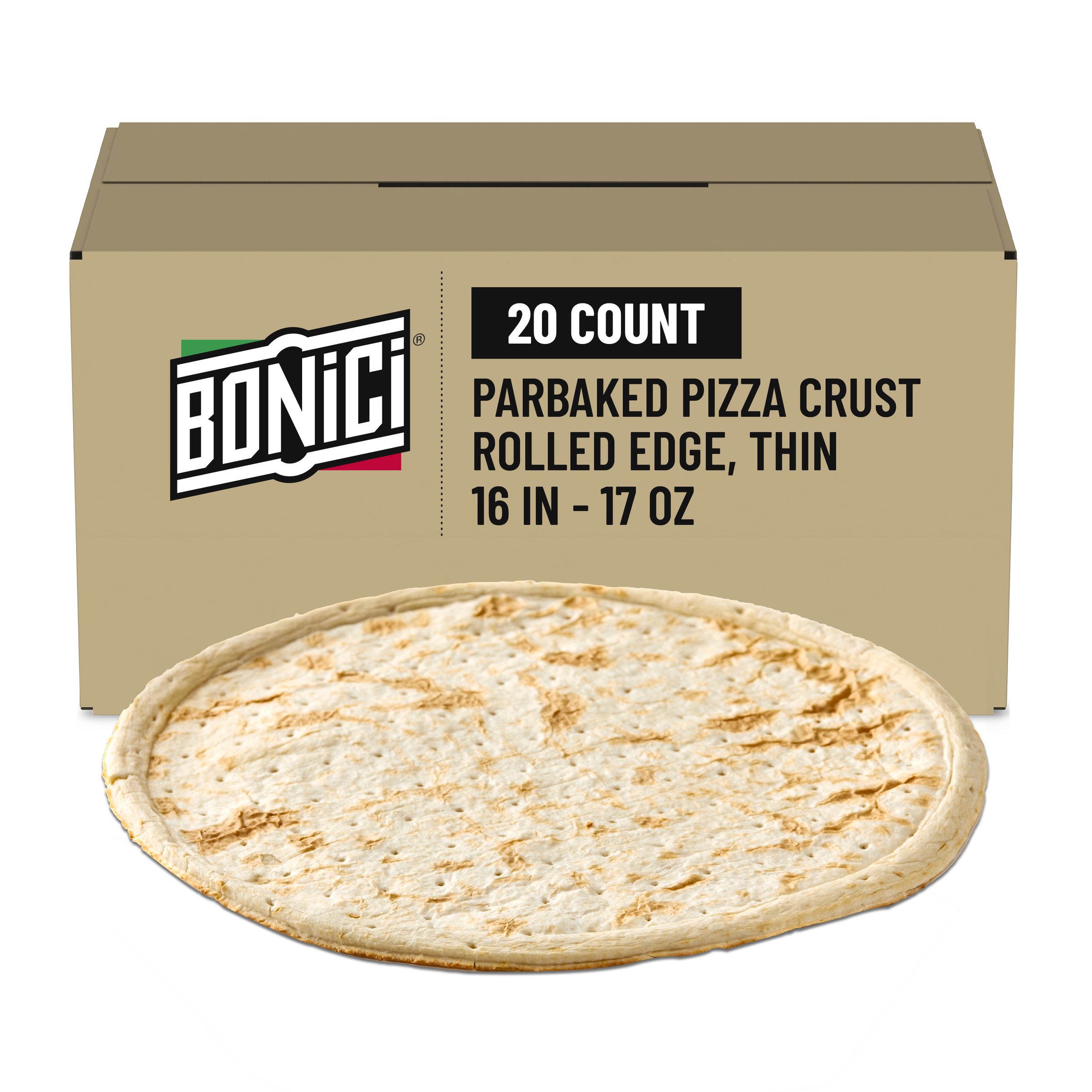  Case Optimized Hero BONICI® Frozen Parbaked Pizza Crust Rolled Edge Thin 16 in 20/17 OZ