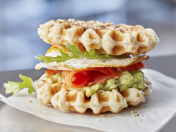 Everything Breakfast Waffle and Smoked Salmon Sandwiches