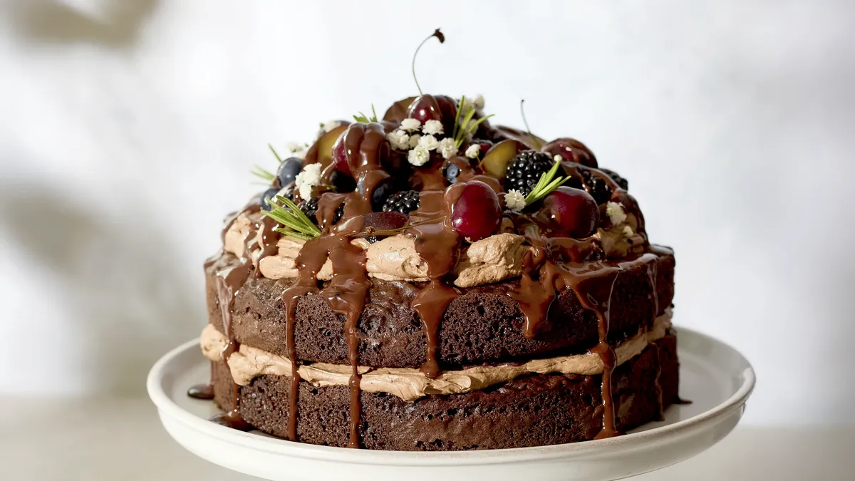 Midnight Chocolate Layer Cake with Blackberry Jam and Fresh Berries