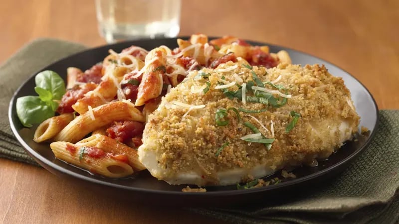 Oven Parmesan Chicken with Penne Marinara