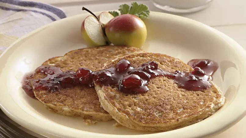 Oatmeal Pancakes with Maple-Cranberry Syrup