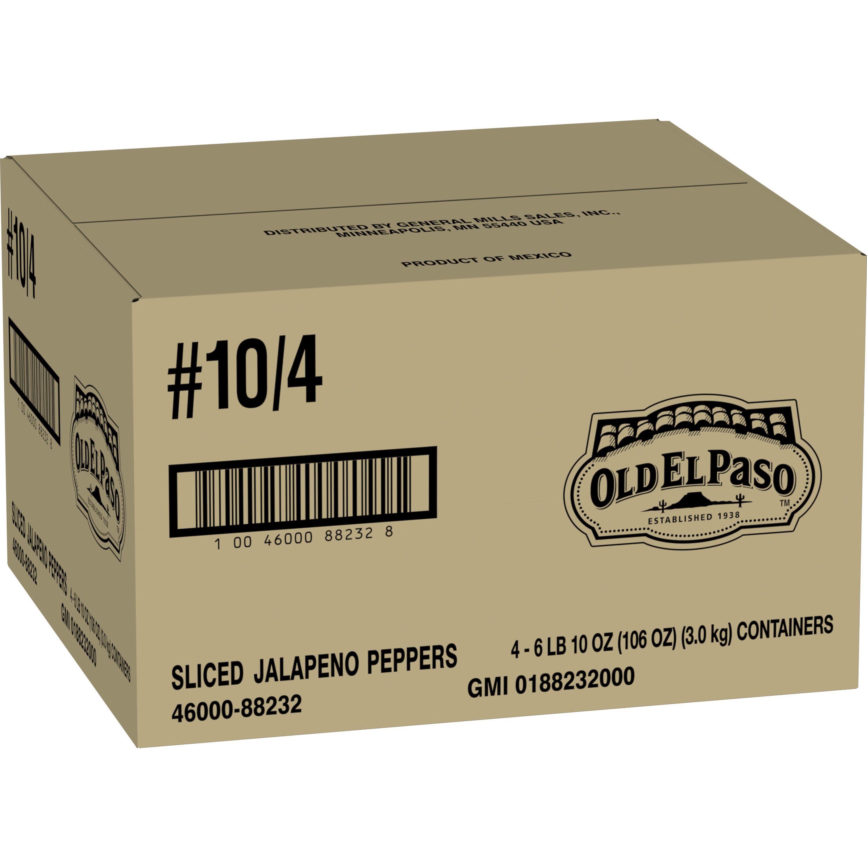 Case - Left Front 3D Old El Paso Mexican Condiments Bulk Sliced Jalapeno Peppers 4/106 OZ