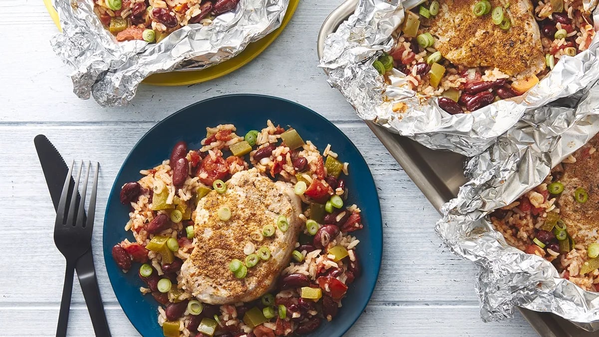 Cajun Pork Chop, Red Beans and Rice Foil Packs