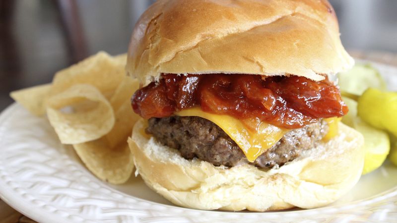 Steakhouse Cheddar Burger with Warm Bacon BBQ Sauce