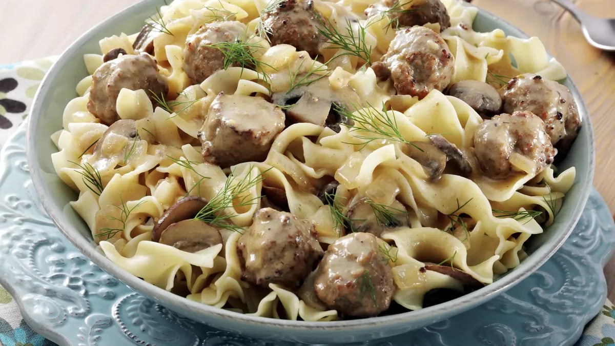 Meatball and Mushroom Stroganoff with Dill Sauce