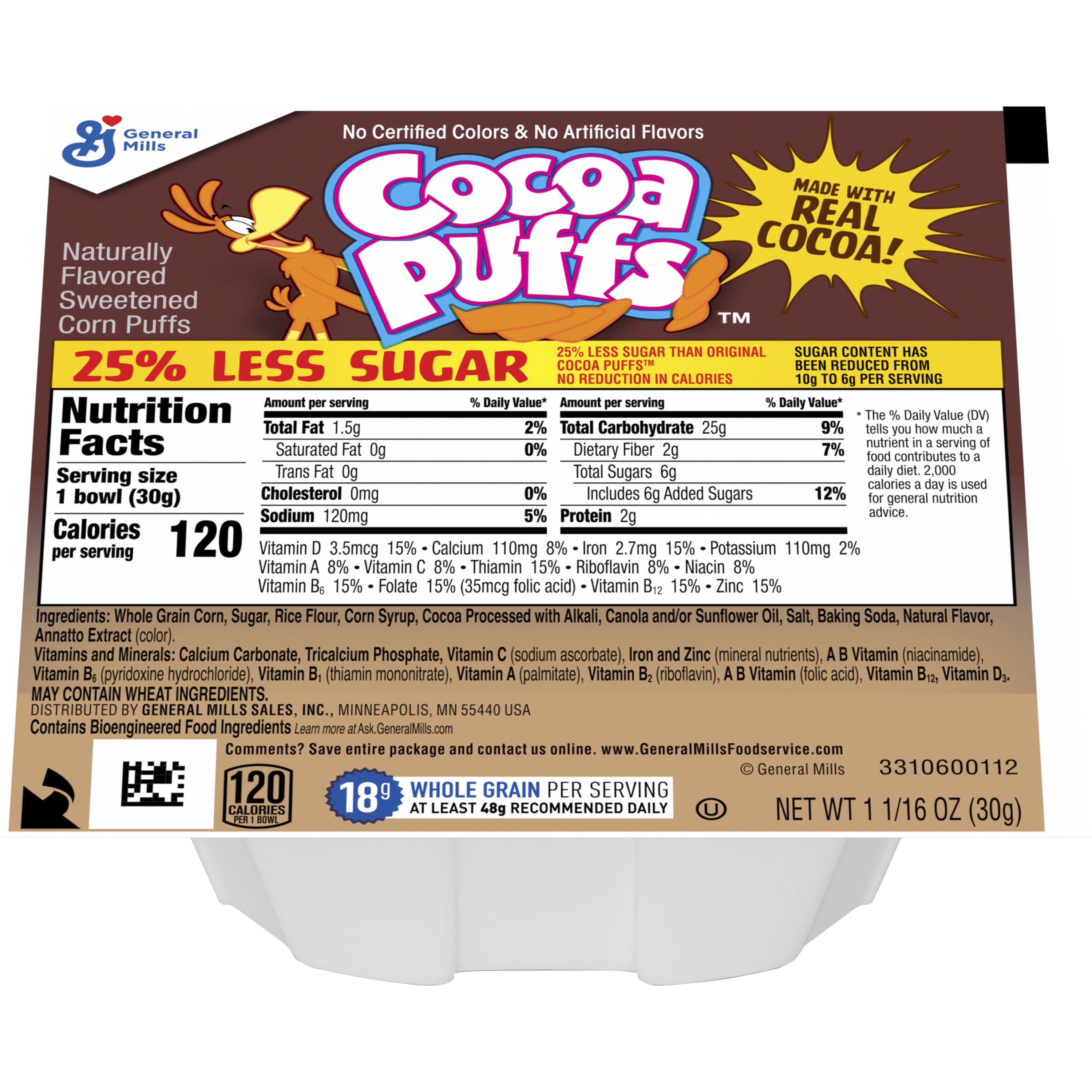 Front - 3D Cocoa Puffs Cereal Single Serve Bowlpak 25% Less Sugar 96/1.063 OZ