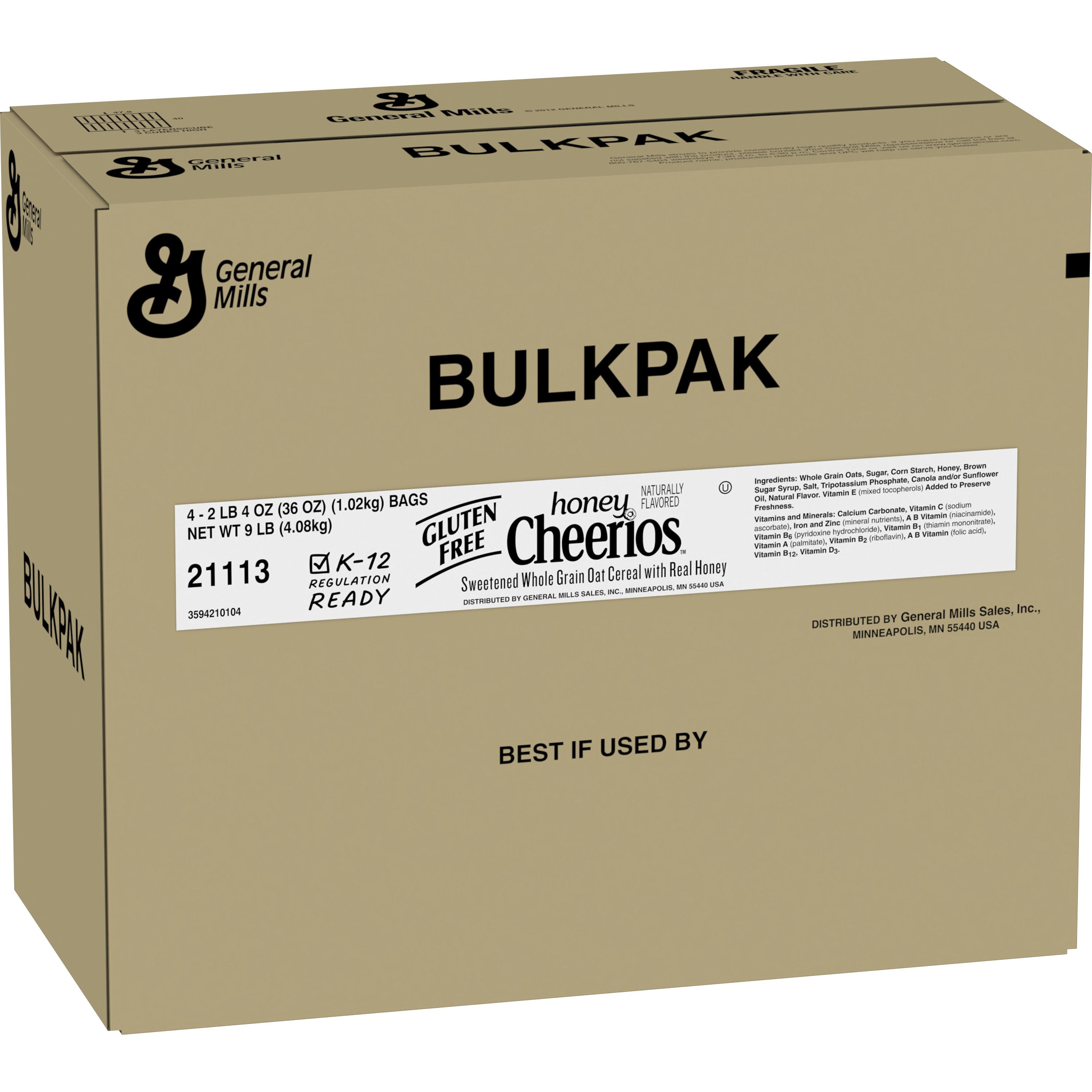 Case - Left Front 3D Honey Cheerios Gluten Free Cereal Bulk Bag 4/36 OZ