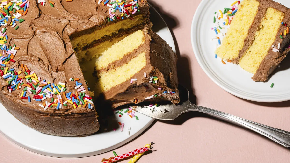 A layered chocolate-frosted cake with colorful sprinkles on a white plate.