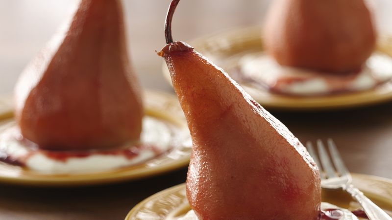 Pomegranate Poached Pears with Yogurt Sauce