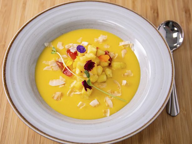 Dairy Free Coconut Cantaloupe Habanero Gazpacho with Mango Salsa