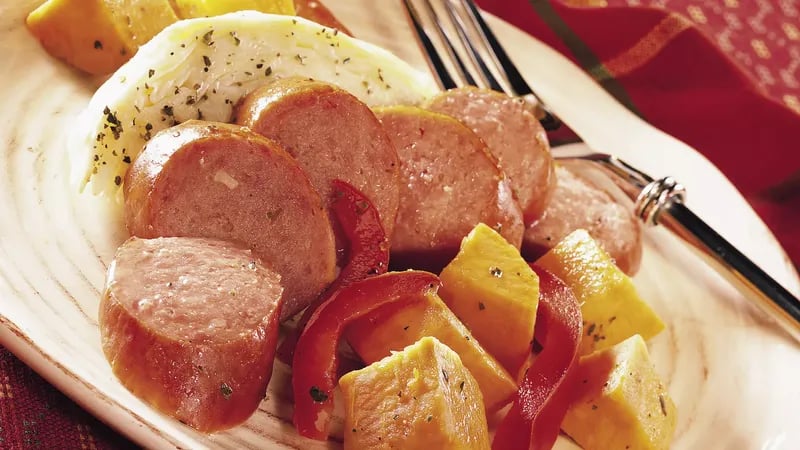 Turkey Kielbasa with Cabbage and Sweet Potatoes