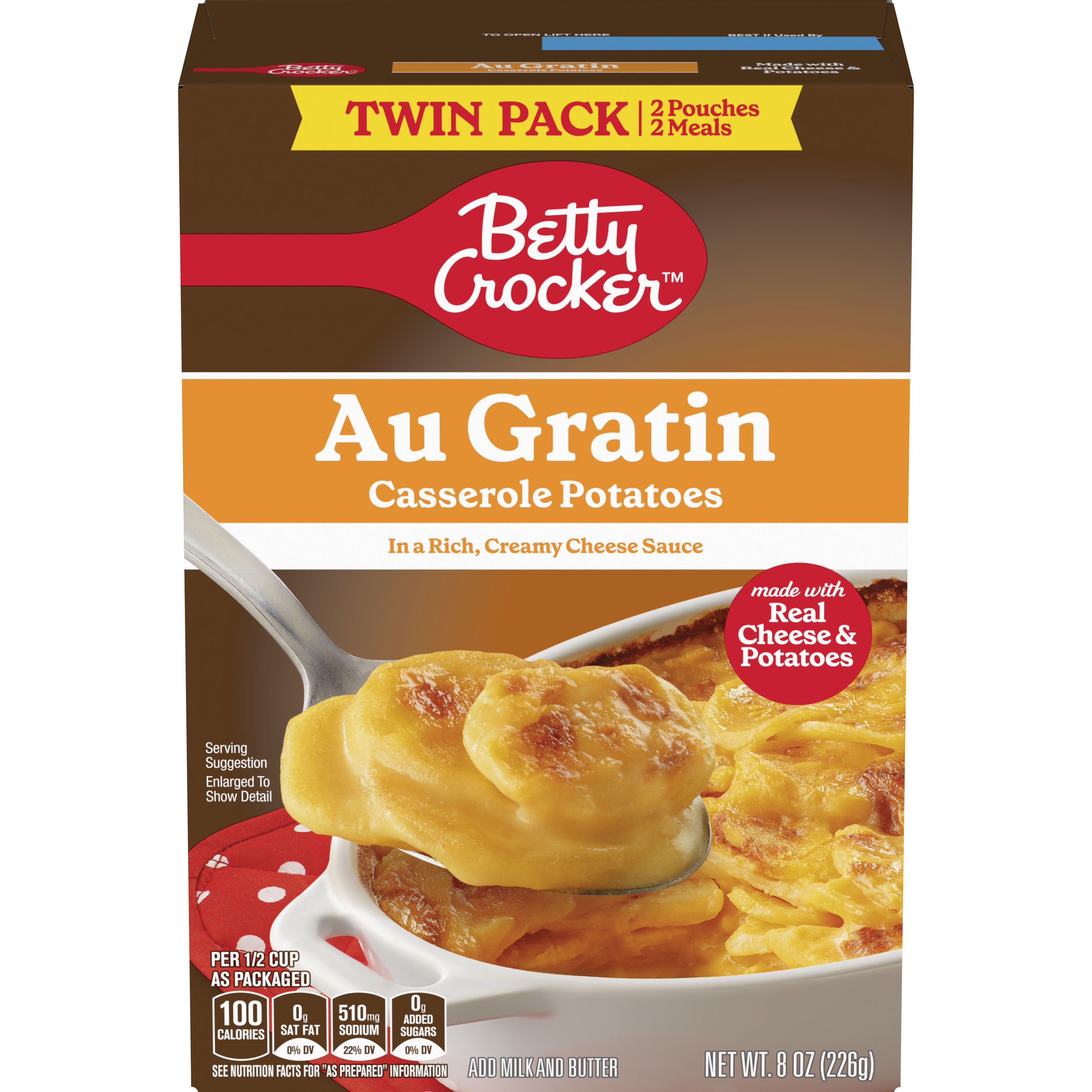 Betty Crocker Au Gratin Casserole Potatoes, Made With Real Cheese, Twin Pack, 8 oz Box - Front