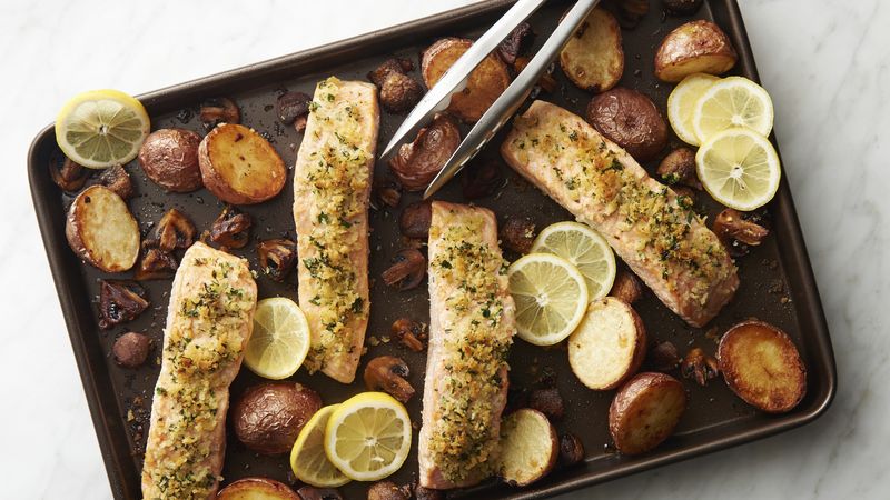 One-Pan Roasted Salmon, Potato and Mushroom Dinner