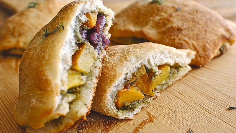 Mini-Calzones with Roasted Butternut Squash and a Sage-Walnut Pesto