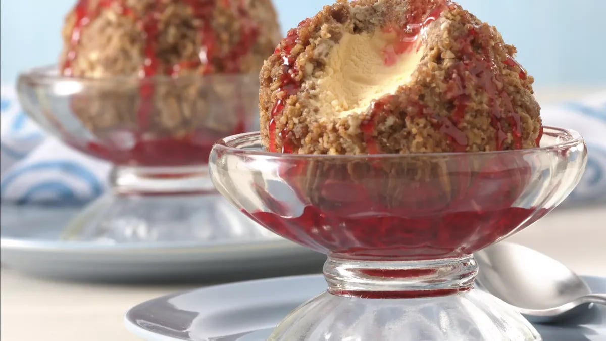 Granola "Fried" Ice Cream with Red Cinnamon Sauce