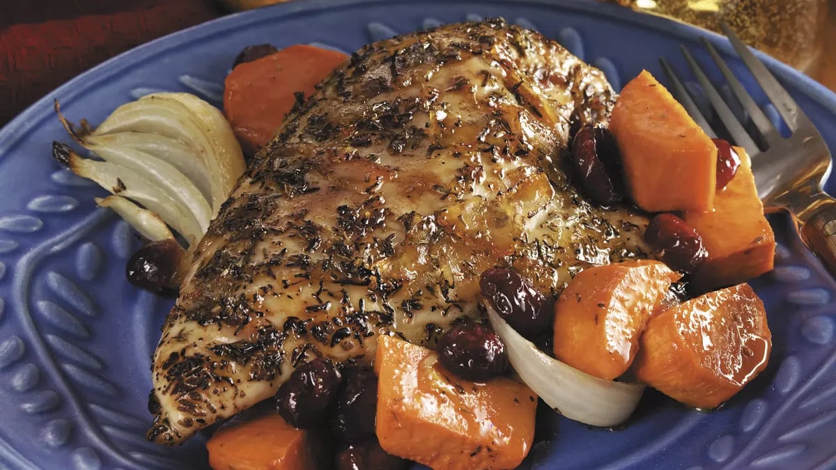 Orange-Glazed Roast Chicken Breasts with Sweet Potatoes