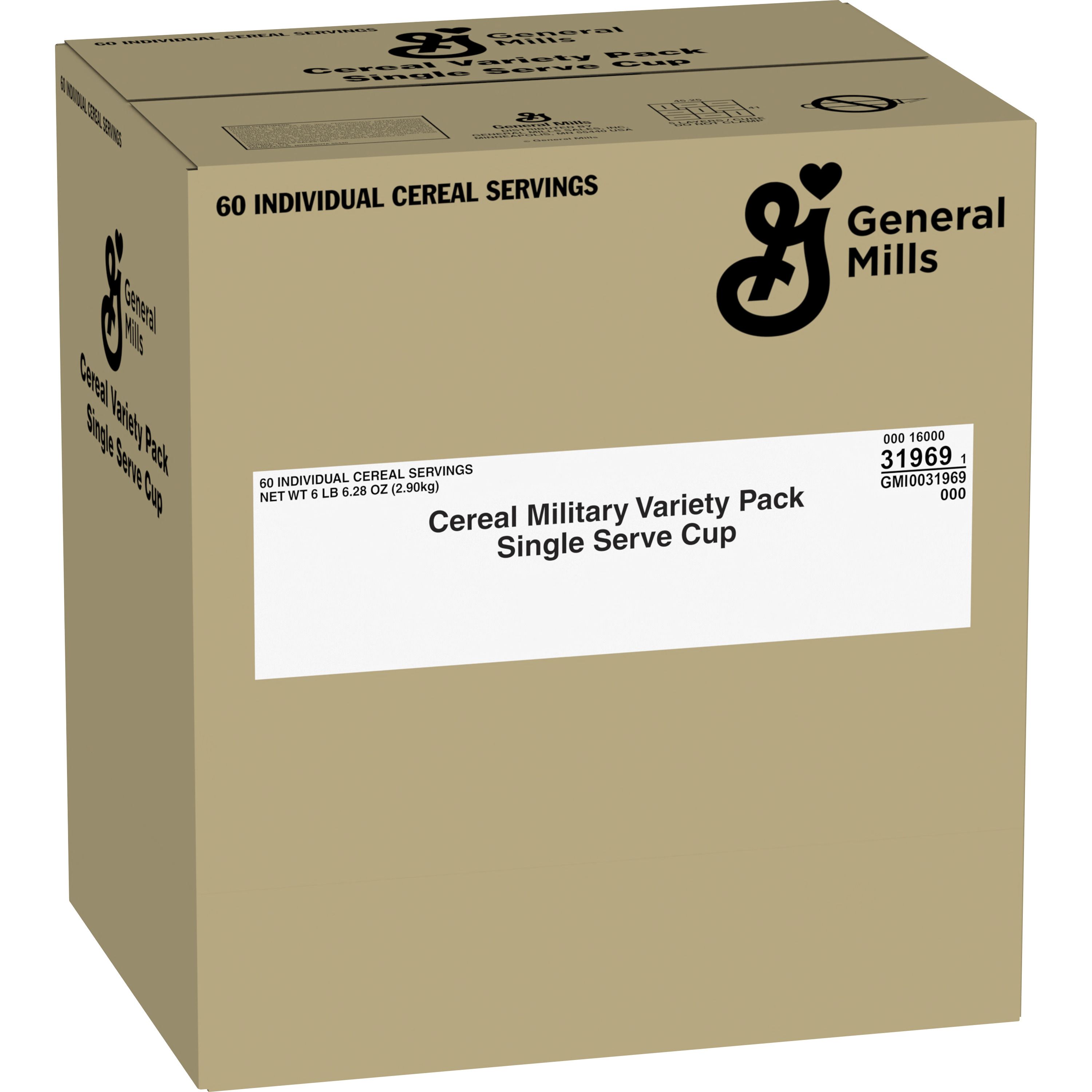 Case - Left Front 3D General Mills Cereal Single Serve Cup Military Variety Pack (60 ct) 1.704 oz  