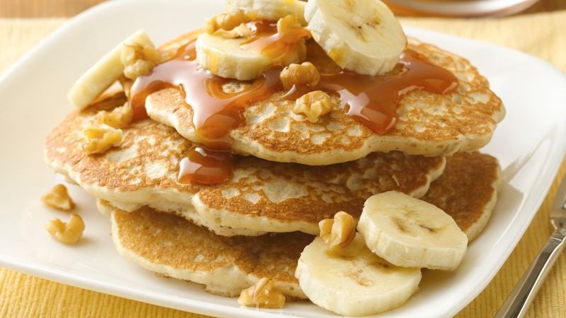 Banana-Walnut Pancakes with Caramel Topping