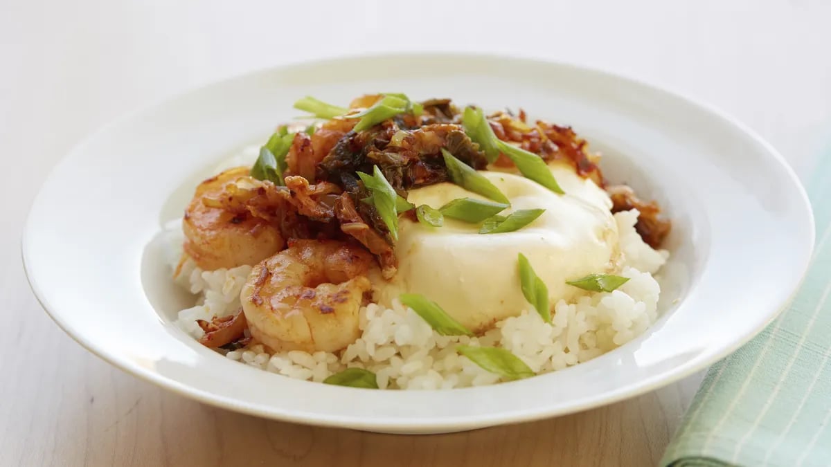 Shortcut Bibimbap with Shrimp, Fried Egg and Kimchi