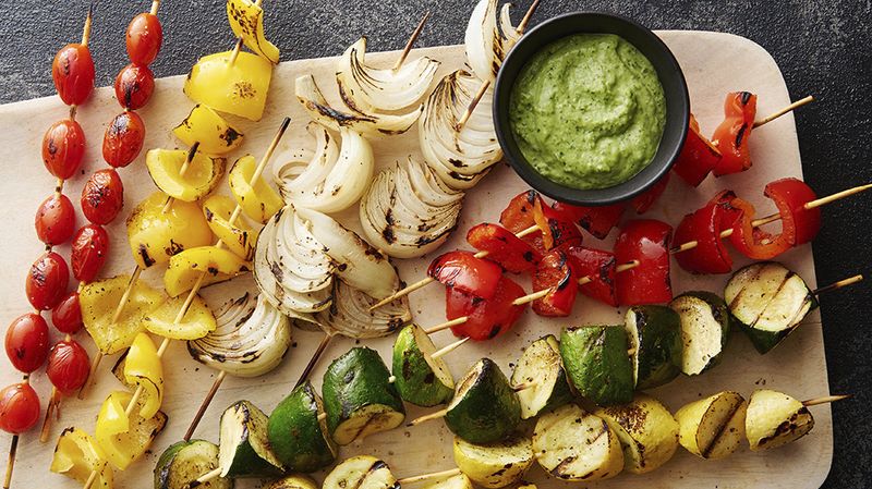 Grilled Veggie Skewers with Magic Green Sauce